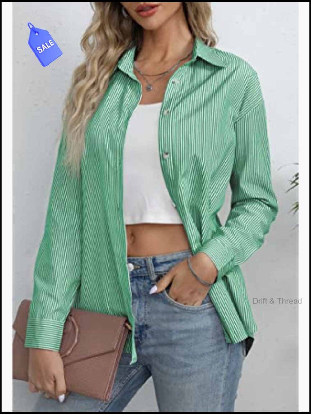 Striped Button Down Shirt Long Sleeve Collared Office Work Blouse - Picture 3 of 7